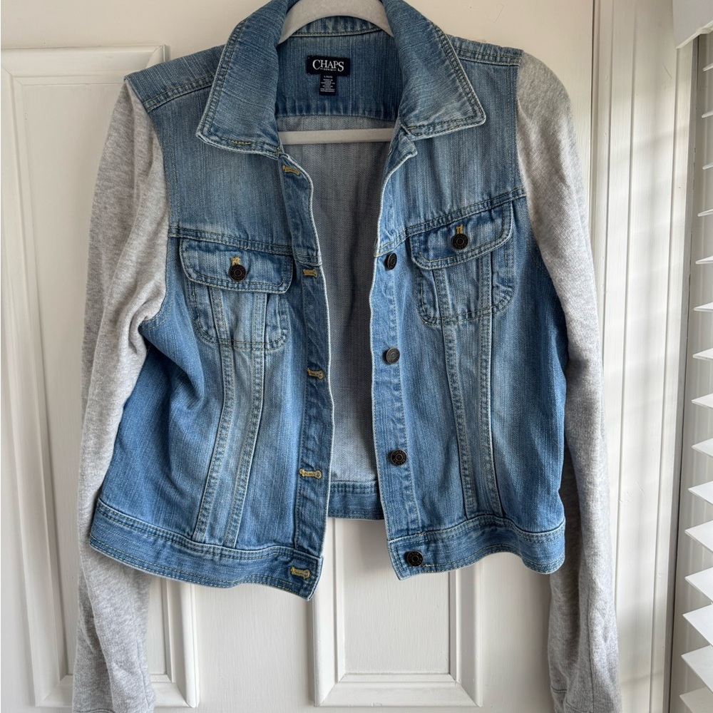 Chaps Light Blue Denim Jacket with Soft Gray Sleeves
